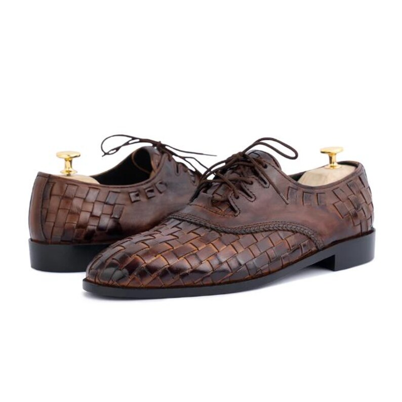 Handmade Woven Leather Oxford Dress Shoes, brown hand-dyed calfskin, lace-up, formal wedding and office, soft leather lining