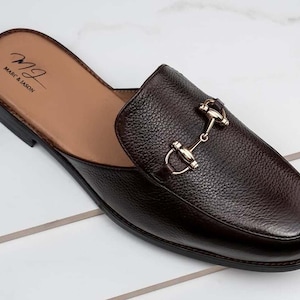 Men's Handmade Brown Leather Horsebit Loafers, Backless Mules