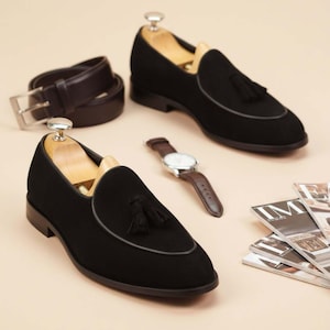 Handmade Suede Tassel Loafers, Men's Dress Shoes, Custom Leather Slip On, Wedding Wear