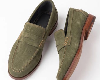 Men’s Green Suede Penny Loafers – Handmade Slip-On Dress Shoes  – Luxury Italian Style Moccasins