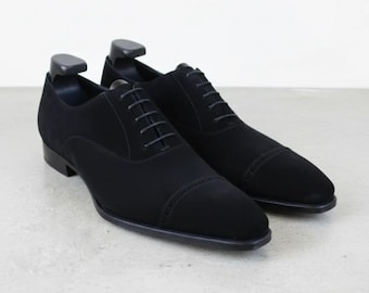 Handgefertigte schwarze Wildleder-Oxford-Schuhe für Herren, Kappenschuhe, elegante Hochzeitsschuhe
