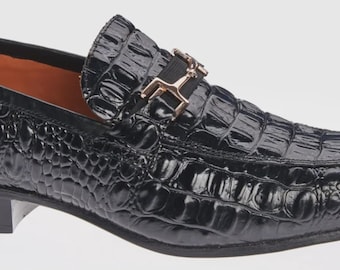 Handcrafted Black Leather Alligator Loafers, Embossed, Horsebit Detail, Slip On Dress Shoes