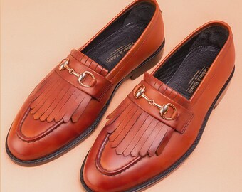 Handmade Men's Brown Leather Kiltie Loafers - Italian Style Horsebit Fringe Slip-ons