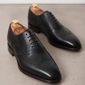 Handmade Black Leather Wingtip Brogues | Men's Oxford Dress Shoes