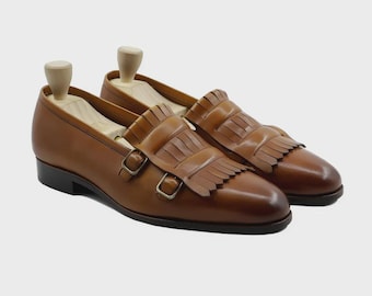 Handmade Brown Leather Double Monk Strap Shoes | Fringe Detail