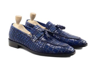 Handmade Blue Crocodile-Embossed Leather Shoes | Luxury Custom Men's Dress Shoes, Formal Oxford Footwear