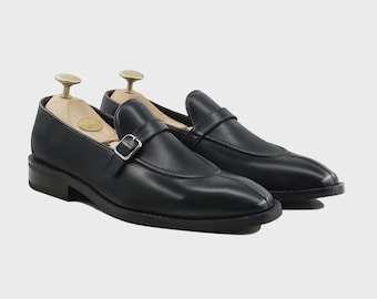 Zapatos Oxford Monk Strap de cuero negro hechos a mano: Zapatos de vestir formales a medida