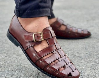 Handcrafted Leather Fisherman Sandals Men | Brown Calfskin Heritage Cage Sandals | Summer Gift