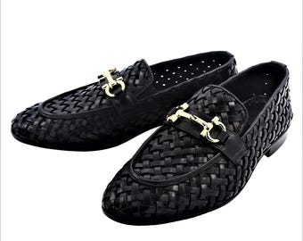 Black Woven Leather Loafers Men | Italian Style Slip-On Dress Shoes | Gift for Him