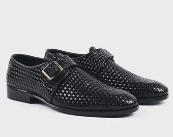 Handmade Black Woven Leather Single Monk Strap Shoes – Formal Dress ShoeS