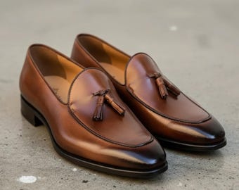 Mocassins belges à pampilles pour hommes, en cuir marron, faits main, chaussures habillées pour mariage.