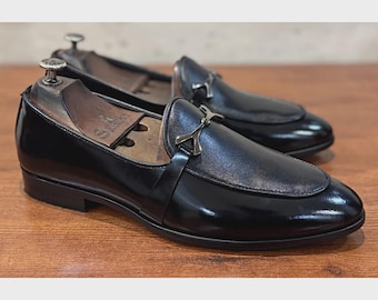Handmade Black Leather Horsebit Loafers: Men’s Luxury Dress Shoes