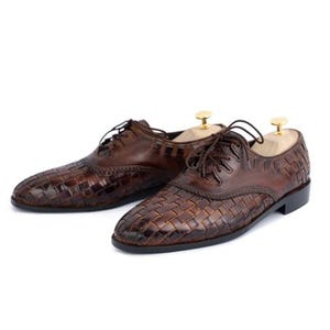 Handmade Woven Leather Oxford Dress Shoes, brown hand-dyed calfskin, lace-up, formal wedding and office, soft leather lining