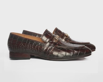 Mocassins à mors marron faits main avec motif crocodile, chaussures habillées pour hommes, mocassins à mors