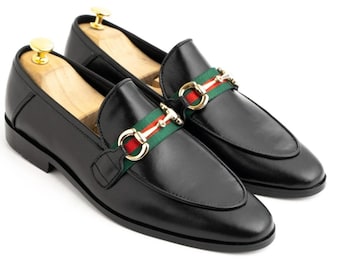 Handmade Black Leather Loafers with Green Red Strap | Men’s Classic Horsebit Slip-On Shoes