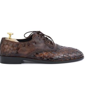 Handmade Woven Leather Oxford Dress Shoes, brown hand-dyed calfskin, lace-up, formal wedding and office, soft leather lining