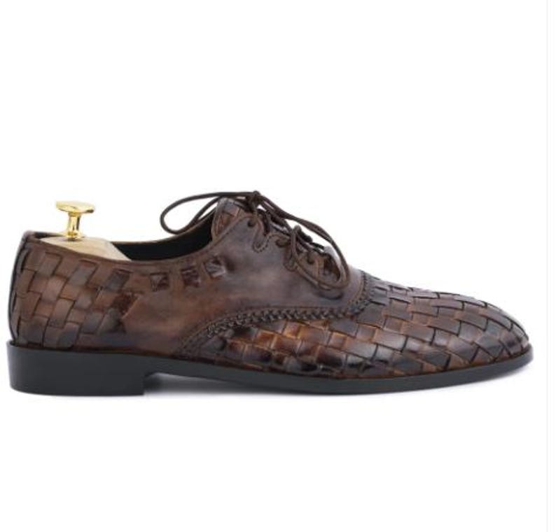Handmade Woven Leather Oxford Dress Shoes, brown hand-dyed calfskin, lace-up, formal wedding and office, soft leather lining