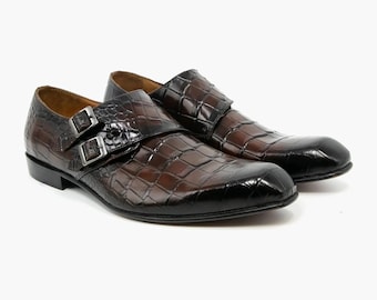 Men’s monk strap shoes, double buckle, crocodile embossed leather, brown