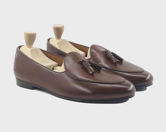Handmade Brown Leather Tassel Loafers: Men's Slip-On Dress Shoes