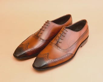 Men's Handmade Leather Shoes Brown Oxford Lace Up Wingtip Formal Dress Shoe