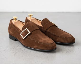 Men’s Handmade Brown Suede Leather Single Monk Strap Shoe – Formal Dress Footwear for Business, Office & Party Wear