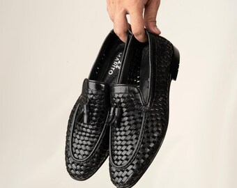 Handmade Men’s Black Tassel Loafers – Woven Leather Slip On Shoes, Classic Formal & Casual Dress