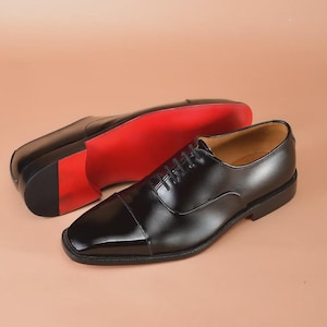 Handmade Black Leather Brogue Oxford Shoes: Red Sole