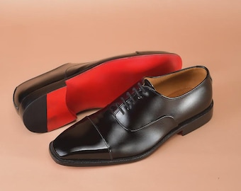 Handmade Black Leather Brogue Oxford Shoes: Red Sole