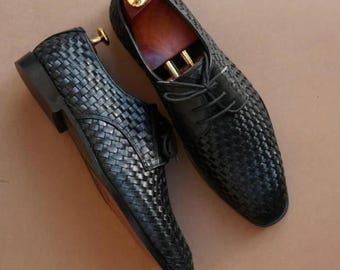 Handmade Men’s Black Woven Leather Dress Shoes –Lace-Up Oxford Shoes