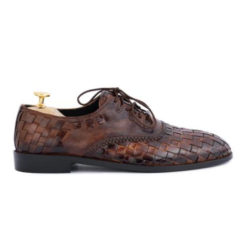Handmade Woven Leather Oxford Dress Shoes, brown hand-dyed calfskin, lace-up, formal wedding and office, soft leather lining