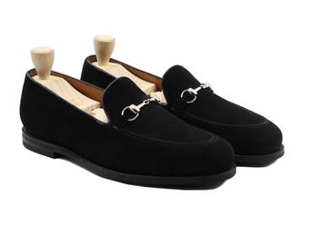 Zapatos mocasines de cuero y gamuza negros hechos a mano para hombre, zapatos formales de lujo de diseñador para hombre.