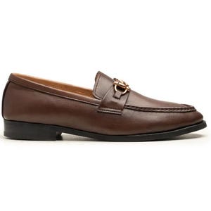 Handmade brown leather horsebit loafers for men featuring premium full-grain leather, elegant gold-tone horsebit hardware, classic moc-toe stitching, slip-on design, leather lining, and a refined style perfect for weddings, business, office, and everyday luxury wear.