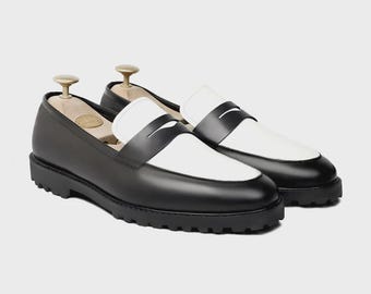 Handmade Black & White Leather Penny Loafers: Men's Wedding Tuxedo Shoes