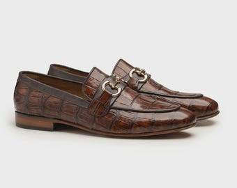 Handmade Cognac Brown Crocodile Embossed Horsebit Leather Loafers: Men's  Slip-Ons