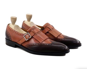Handgemaakte tweekleurige leren schoenen met gesp | Kiltie Fringe Wingtip-schoenen herenschoenen