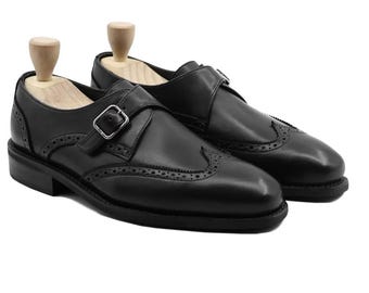 Handmade Black Leather Monk Strap Shoes: Wingtip Brogues