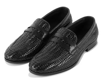 Svarta vävda läderloafers för män – Handgjorda slip-on finskor