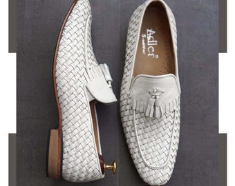 Men's White Woven Leather Tassel Loafers – Handmade Slip-On Dress Shoes