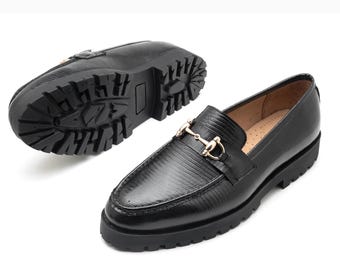 Handmade Men's Black Leather Textured Horsebit Loafers - Chunky Sole Slip-Ons
