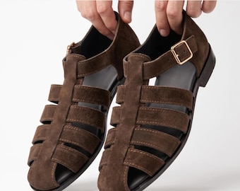 Brown Suede Fisherman Sandals, Handmade Woven Leather Summer ShoeS