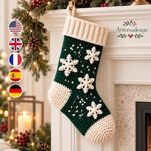 Patrón de calcetín navideño de ganchillo, diseño de copo de nieve verde bosque, puño acanalado color marfil, decoración navideña de nivel intermedio para la chimenea (descarga digital)
