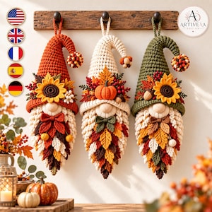 Autumn Gnome Wall Hanging Crochet Pattern PDF, Fall Harvest Trio with Sunflower Pumpkin and Leaf Beard Home Decor, Digital Download