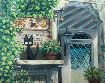 An Afternoon with Jiji, Kiki's Delivery Service, Art Print, Poster, Painting, Studio Ghibli Art, Cute Prints