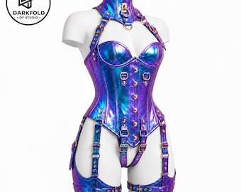 Metallic Blue Purple Overbust Corset Harness, Gothic Collar, Thigh Strap Lingerie