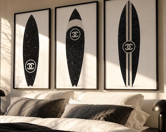 Surfboard Wall Art Set, Black White Coastal Prints, Modern Surf Decor (Digital Download)