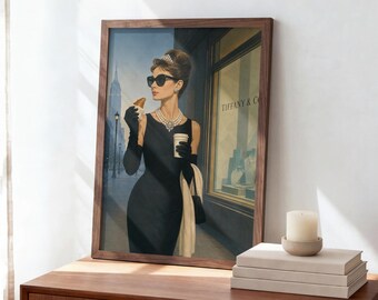 Cuadro decorativo inspirado en Audrey Hepburn, Desayuno con diamantes, elegante lámina de moda, decoración de estilo clásico (descarga digital)