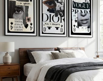 Juego de 3 láminas con motivos de naipes de moda / Arte mural de lujo con diseños de moda / Vogue Prada Dior / Decoración elegante para el dormitorio / Descarga digital