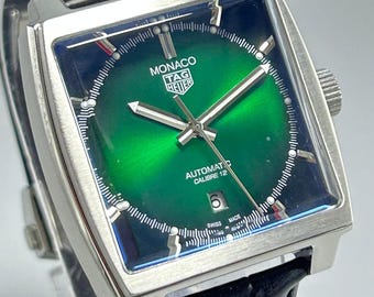 Reloj de pulsera de lujo para hombre Tag Heuer Monaco, reacondicionado, con esfera verde, movimiento automático e indicador de fecha.