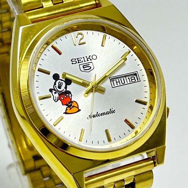 Raro reloj de pulsera vintage Seiko 5 Mickey Mouse con esfera plateada, movimiento automático fabricado en Japón, n.° 6309A, con indicador de día y fecha para hombre.