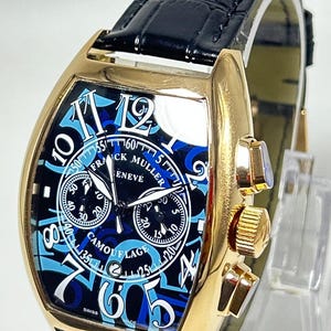 Reloj de pulsera de lujo para hombre Frank Muller Geneve, reacondicionado, con esfera negra, movimiento de cuarzo e indicador de fecha. imagen 3